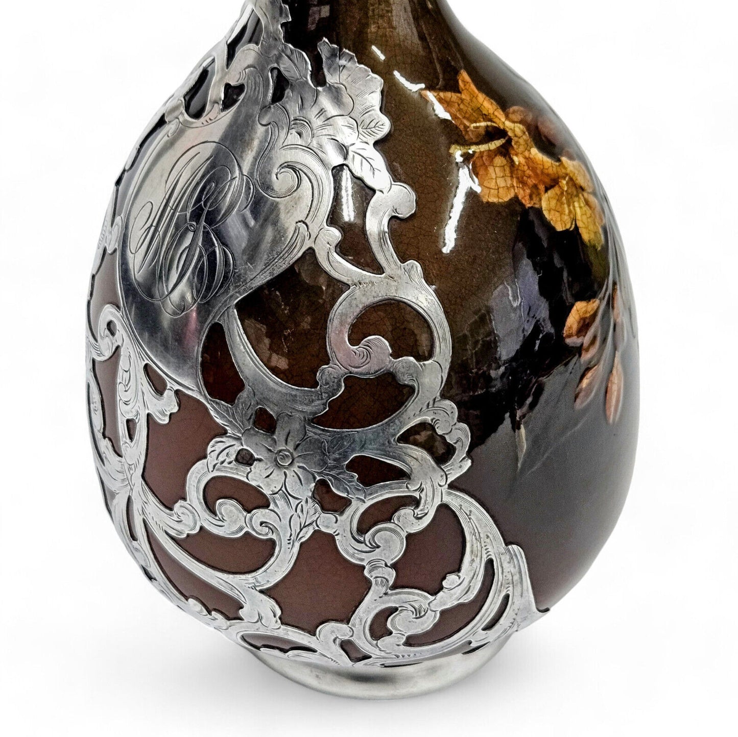 Rookwood Pottery & Gorham Fine Silver Overlay Monogram Vase Late 18th Century