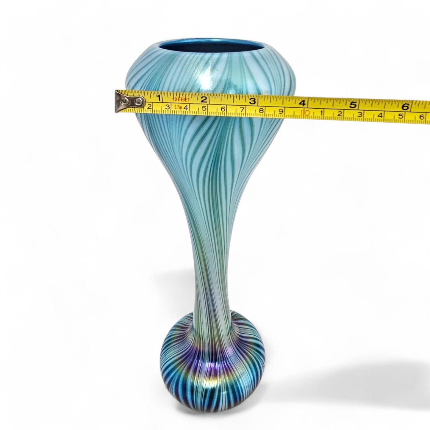 Charles Lotton Blown Glass Art Vase in Blue Pulled Feather | Signed Dated 2009