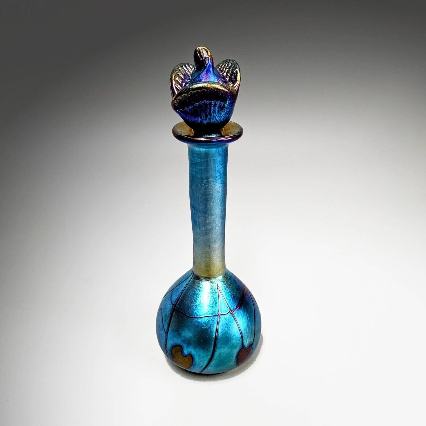 Saul Alcaraz Blue Luster Iridescent Art Glass Tall Perfume Bottle - Signed