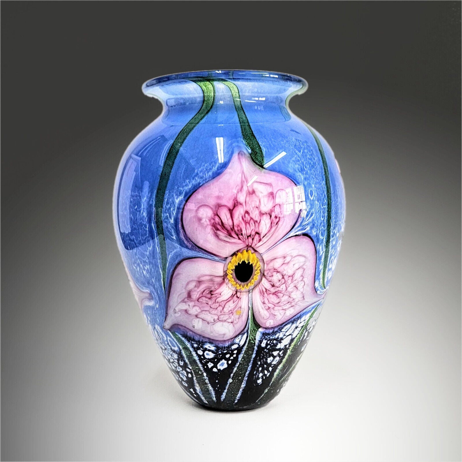 Robert Eickholt Blown Glass Art Vase | Signed and Dated 2002 | Pink Blue Floral