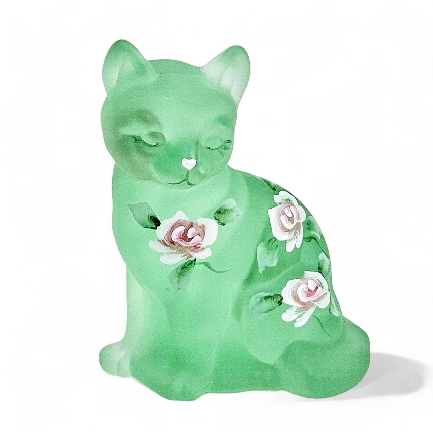 Fenton Art Glass Frosted Green Curious Cat | Hand Painted | Signed Sean K Fenton