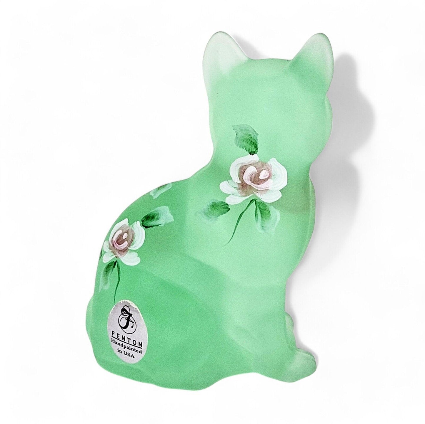 Fenton Art Glass Frosted Green Curious Cat | Hand Painted | Signed Sean K Fenton