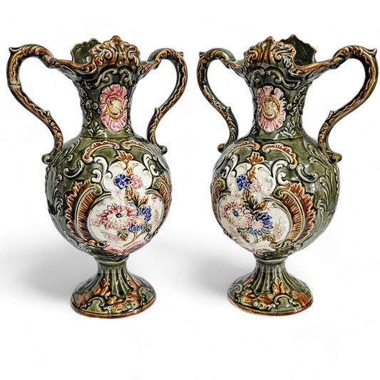 Vintage Victorian Majolica Vases - Pair - Circa Early 20th Century