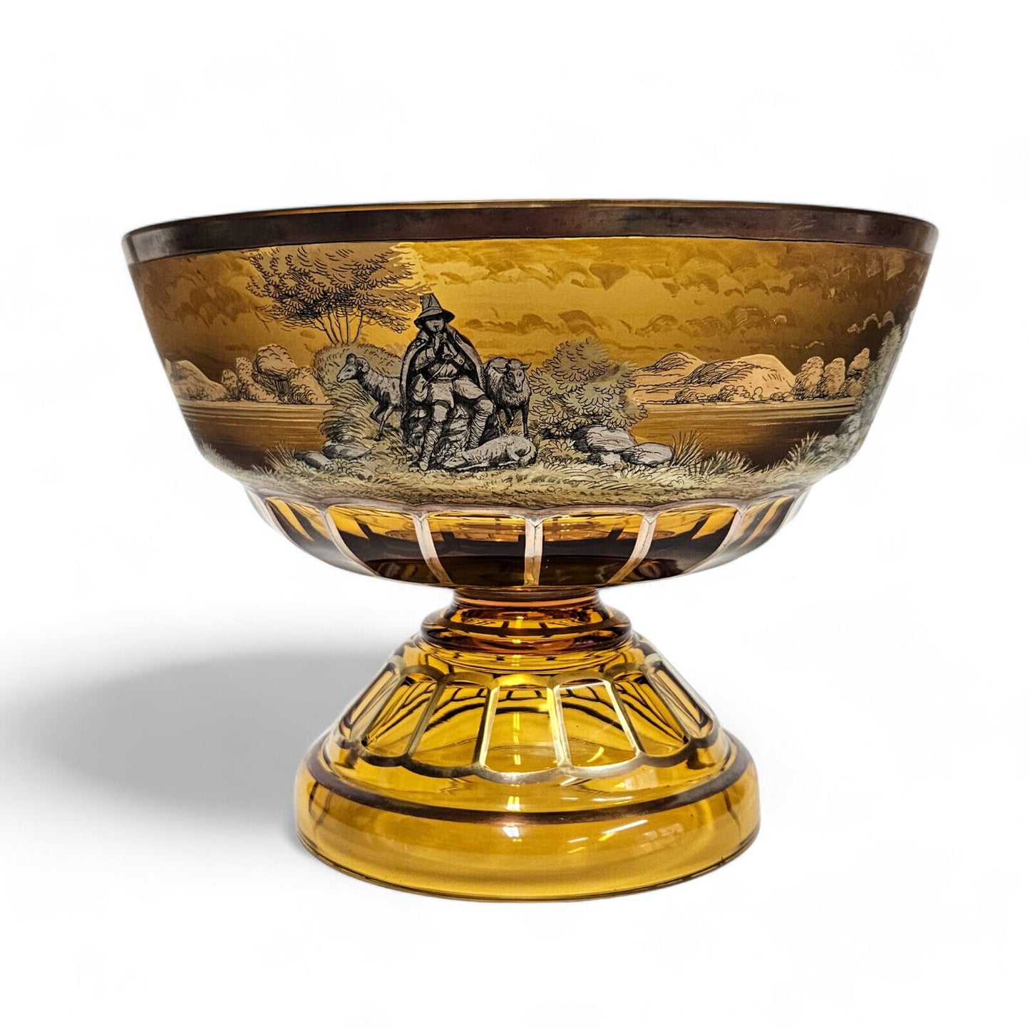 Antique Moser Amber Glass Pastoral Centerpiece Bowl with Gold Gilding