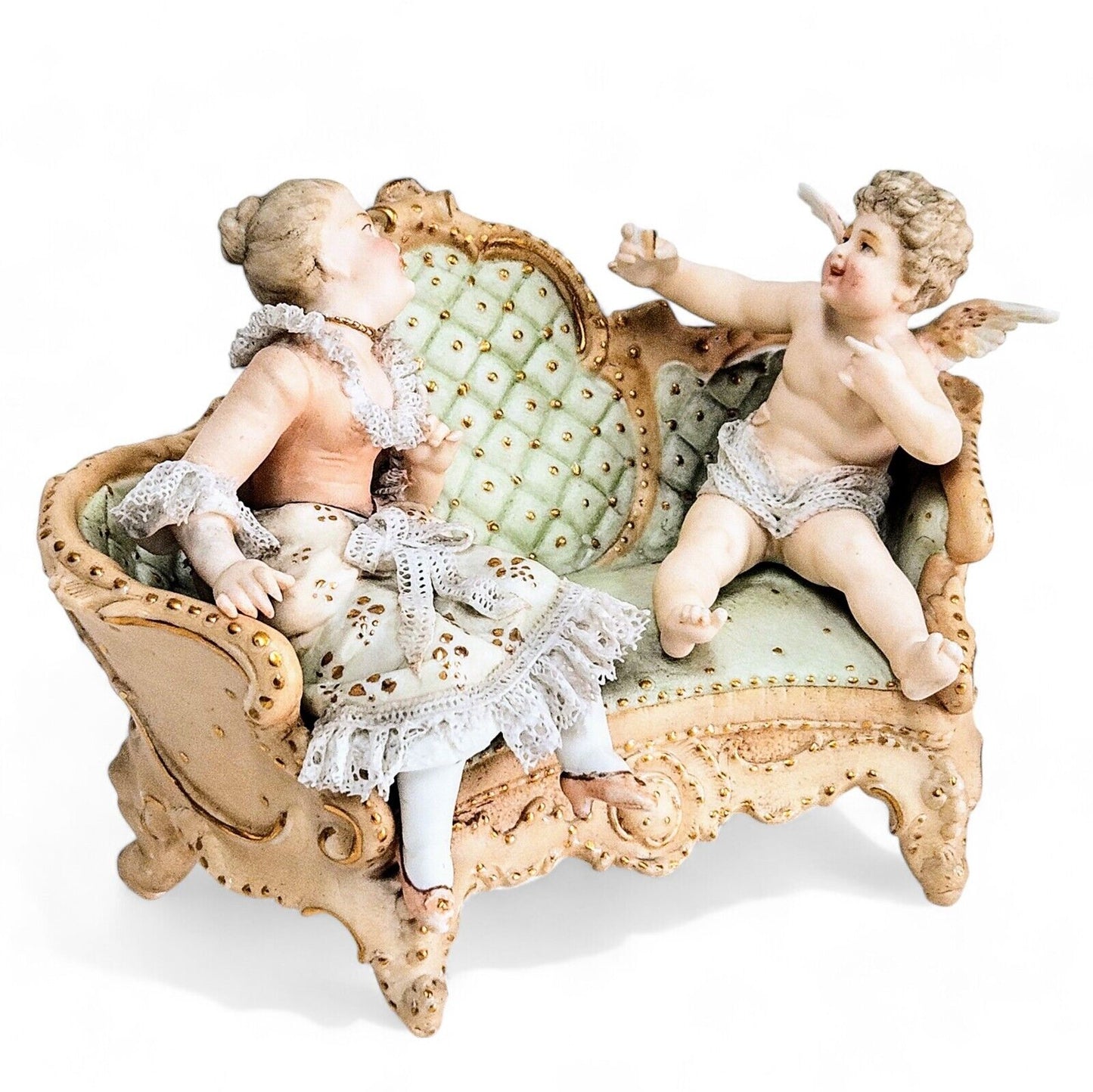 Antique Meissen Porcelain Woman with Cherub on Sofa Figurine