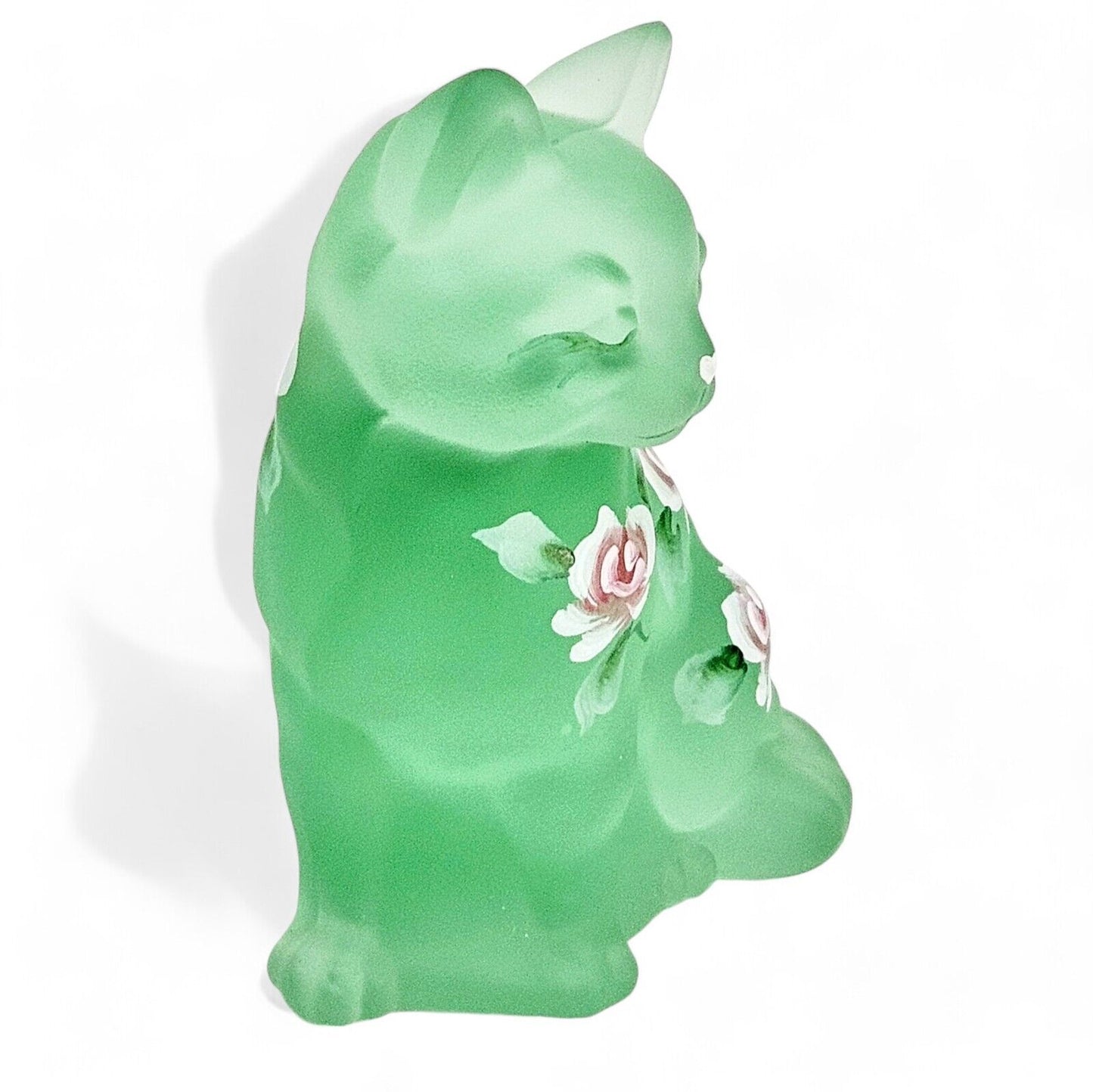 Fenton Art Glass Frosted Green Curious Cat | Hand Painted | Signed Sean K Fenton