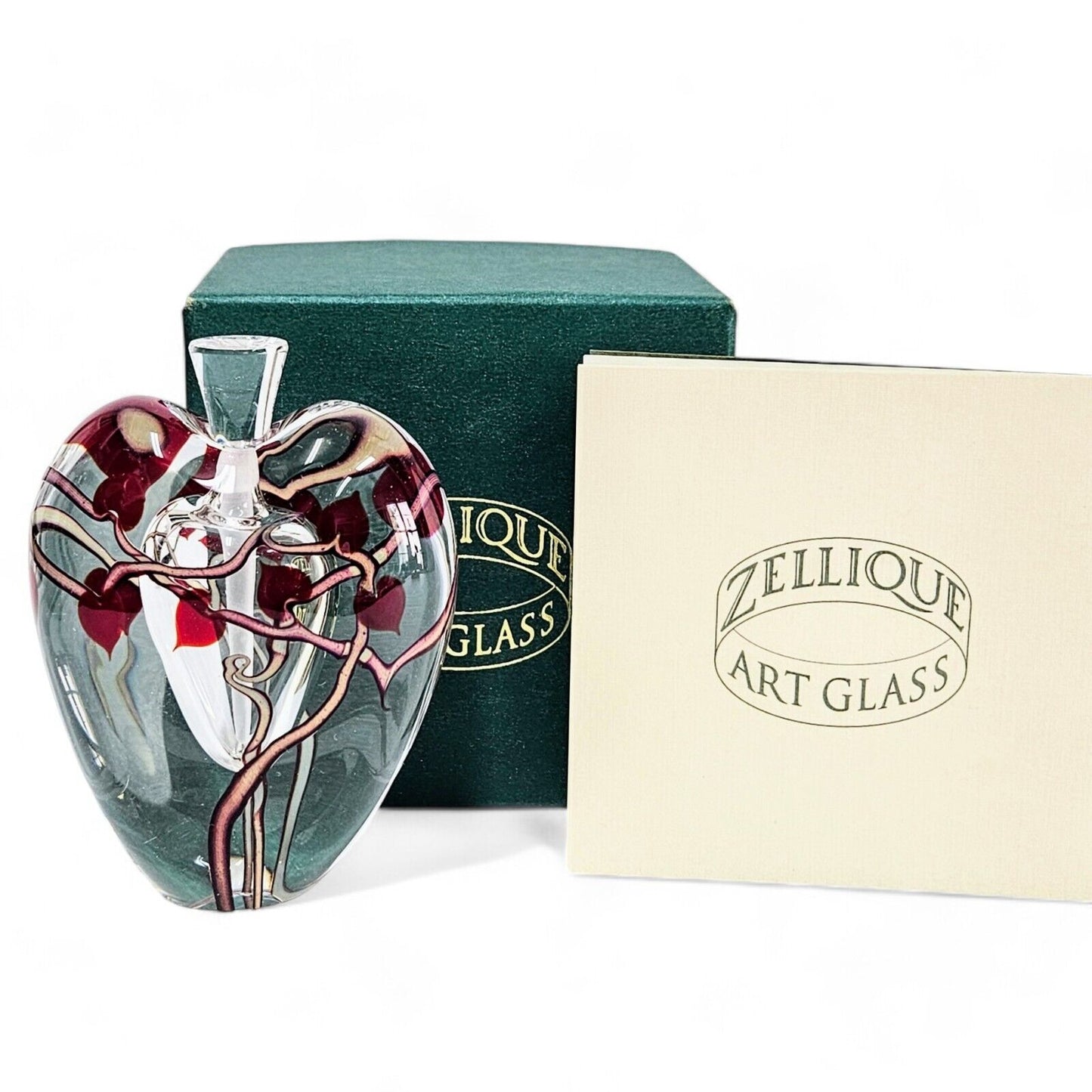 Zellique Art Glass Perfume Bottle Hearts on Vine with Original Box Signed 1997