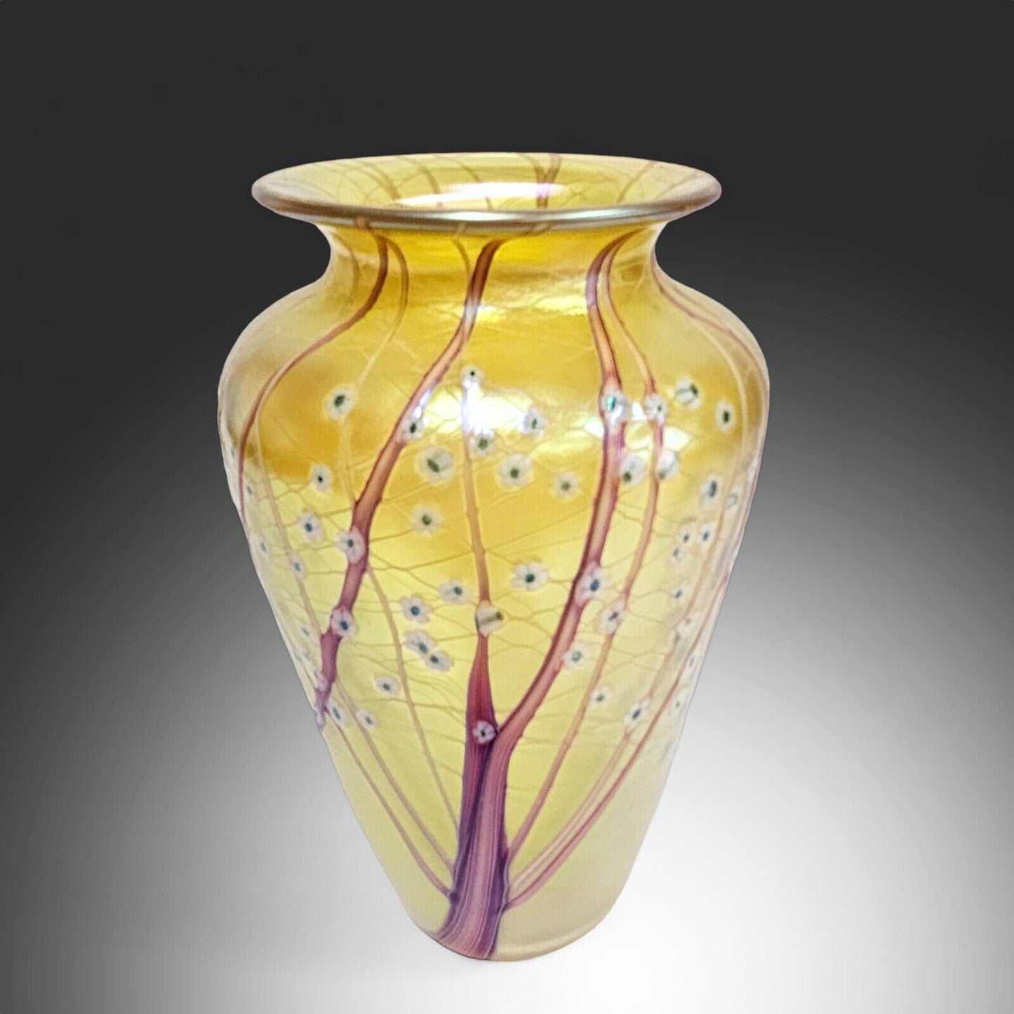 Orient & Flume Hawthorne Vase | Gold Irid Glass Art White Blossom | Signed Dated