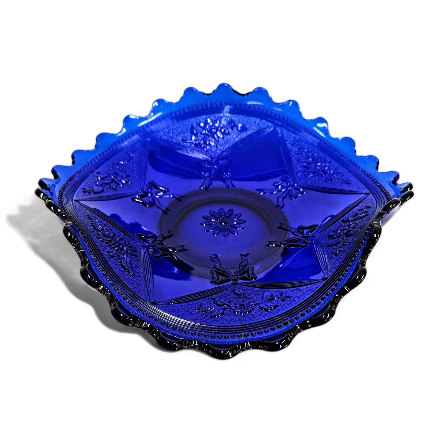 L G Wright Glass Tri Fold Daisy & Bows Bridal Bowl Cobalt Blue Circa 1930's