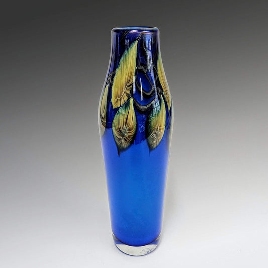 David Lotton Blown Glass Art Vase  in Blue with Leaves | Signed - Dated