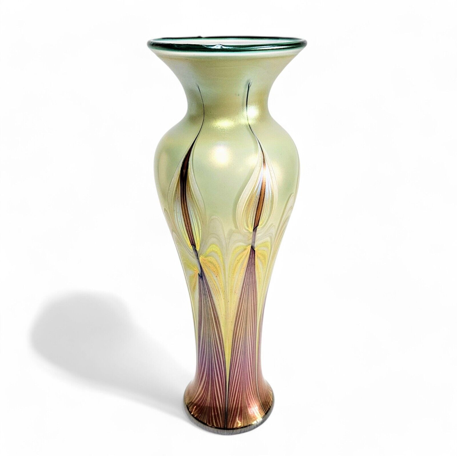 Tall Vandermark Studio Blown Glass Pulled Feather Iridescent Vase 12.5" | 1978